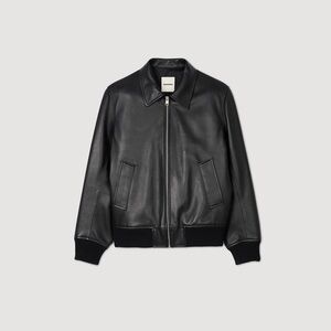 Sandro Black Leather Bomber Jacket